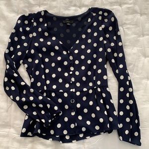 NWOT J. Crew navy polka dot blouse